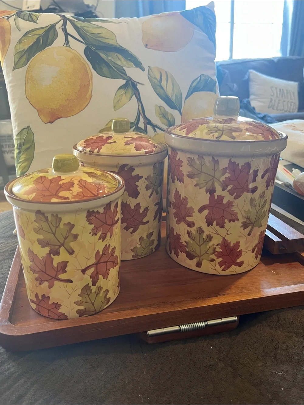 Pier 1 Cream Ceramic Canister Set with a fall theme